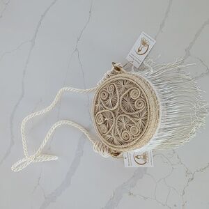 Elegant Cream Woven Fringe Crossbody Bag